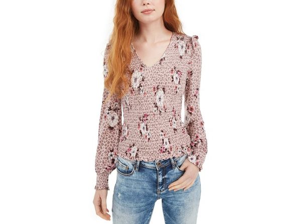 American Rag Juniors'' Printed Smocked Top Brght Pink Size Small