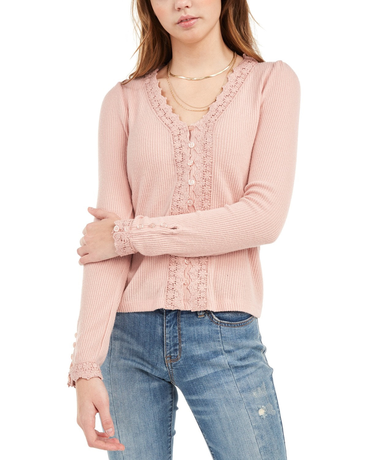 American Rag Women's Juniors' Lace-Trimmed Button-Front Top Brght Pink Size Medium