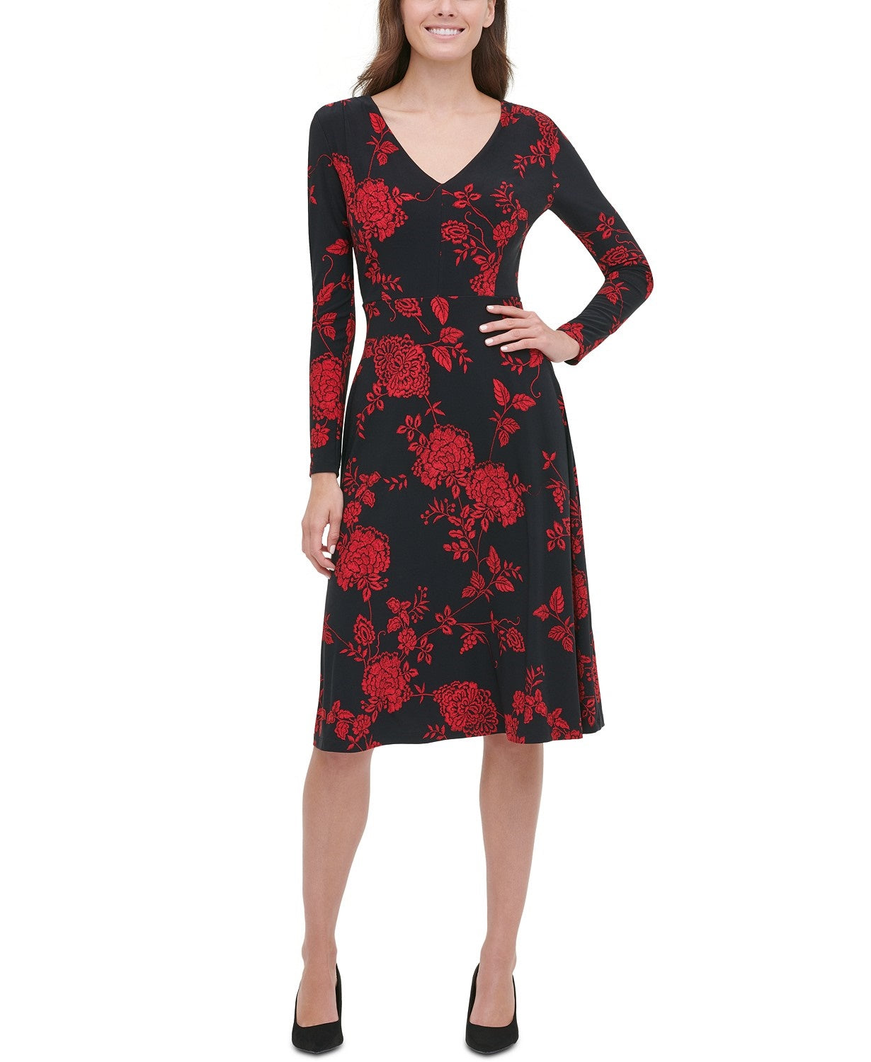 Tommy Hilfiger Women's Floral-Print Fit & Flare Dress Black Size 2