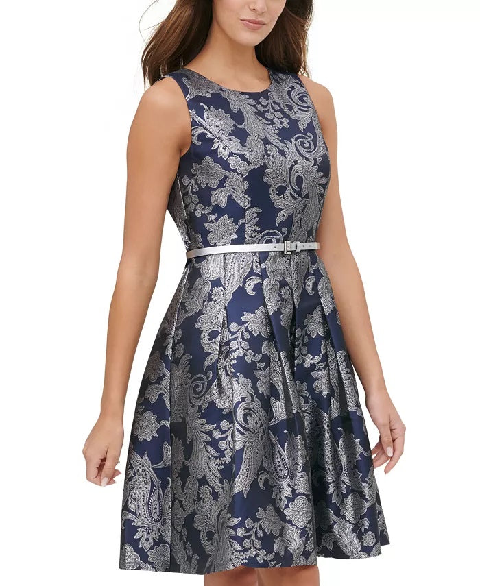Tommy Hilfiger Women's Jacquard Fit & Flare Dress Blue Size 12