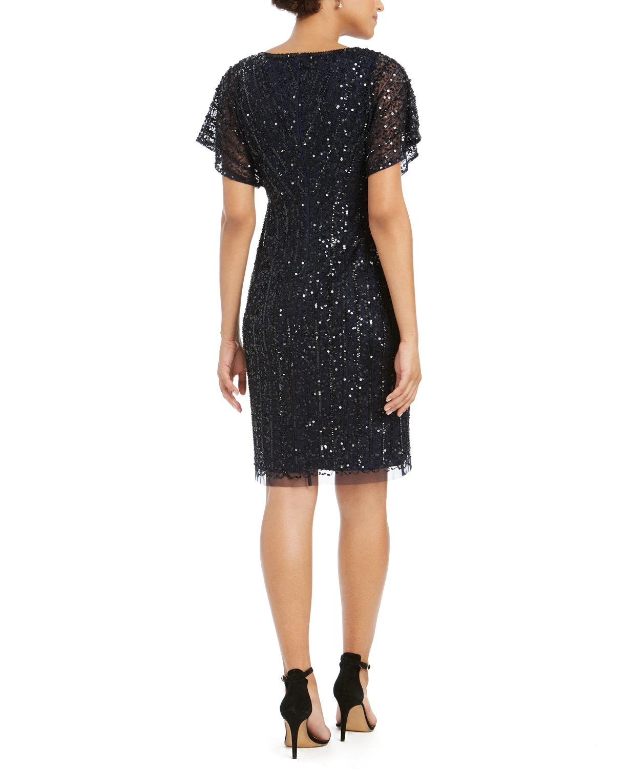 Adrianna Papell Women's Embellished Flutter-Sleeve Sheath Dress Navy Size 8