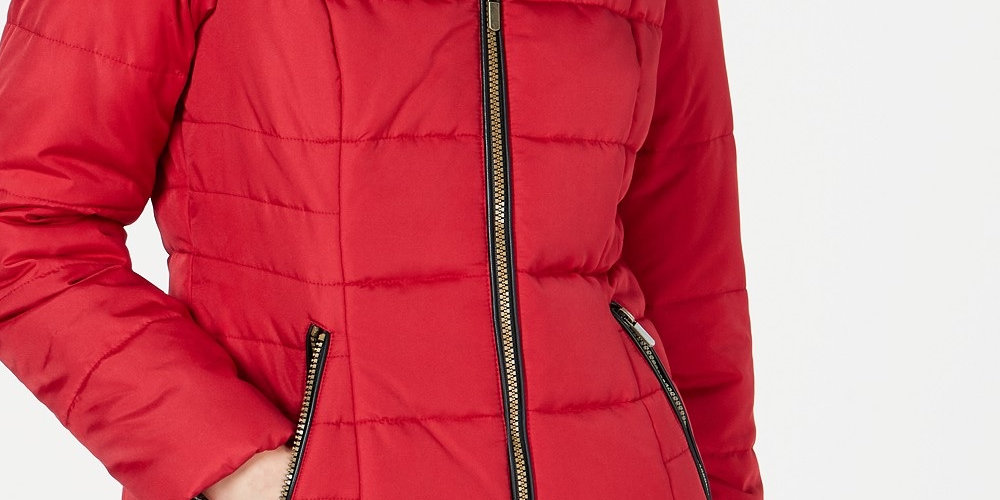 Celebrity Pink Juniors' Puffer Coat With Faux Fur Trim Hood True Red Size Large