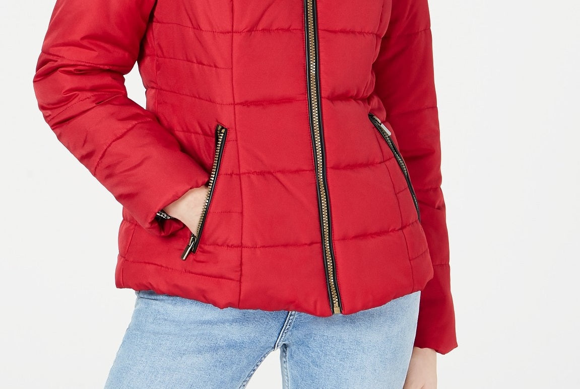 Celebrity Pink Juniors' Puffer Coat With Faux Fur Trim Hood Red Size Small