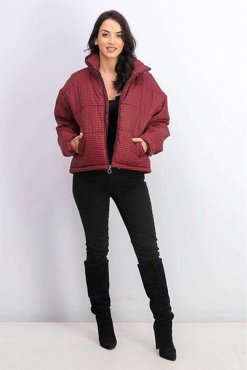 Celebrity Pink Juniors' Plaid Puffer Coat Red/ Black Size Large