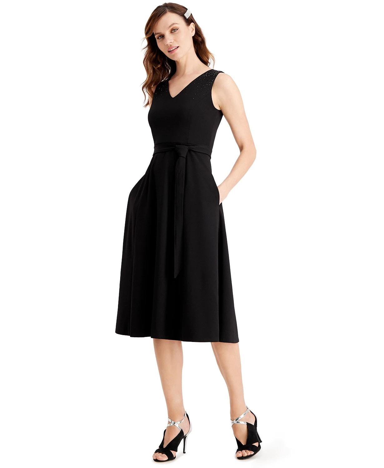 Calvin Klein Women's Shoulder Embellished Belted Dress Black Size 8