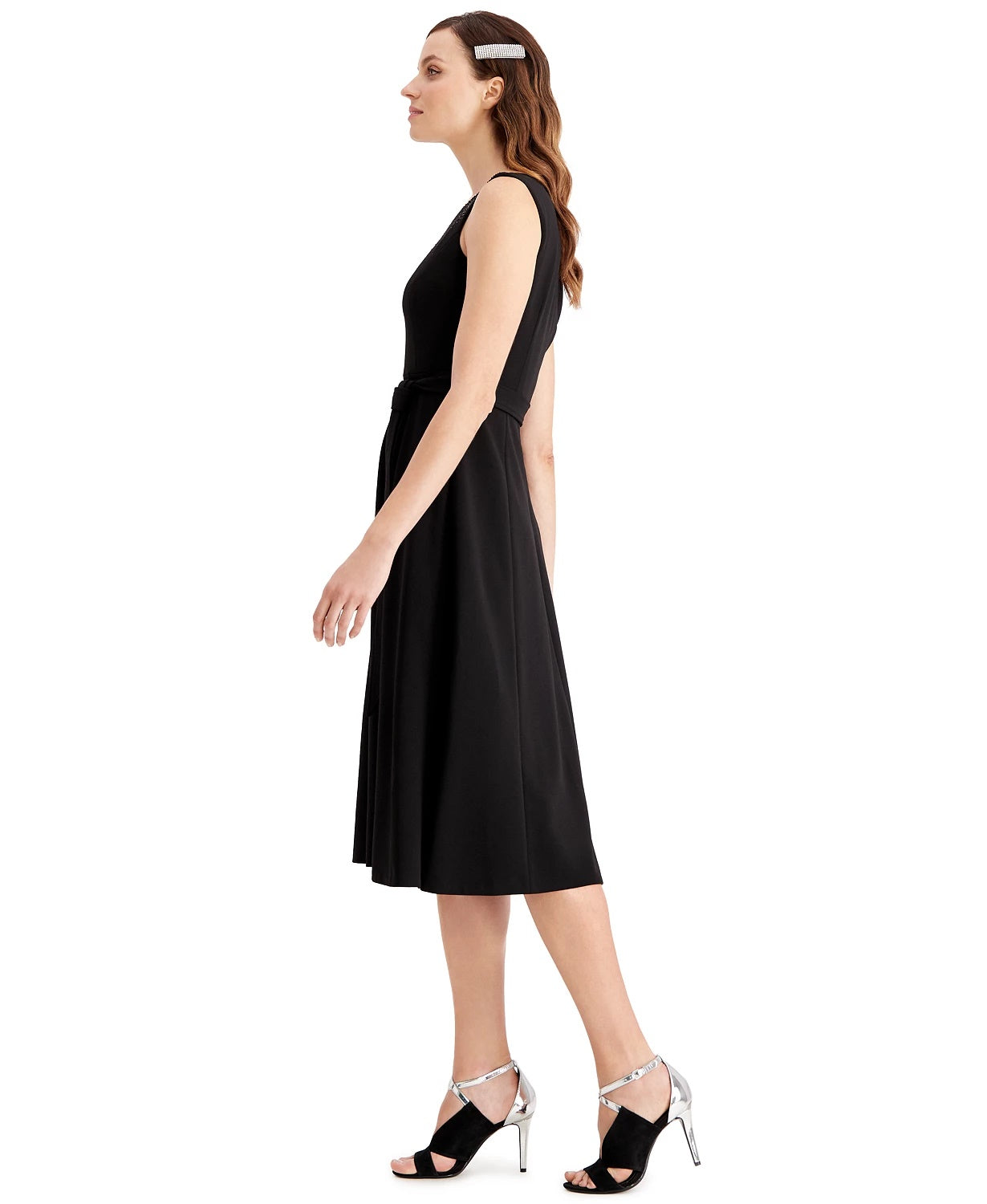 Calvin Klein Women's Shoulder Embellished Belted Dress Black Size 8