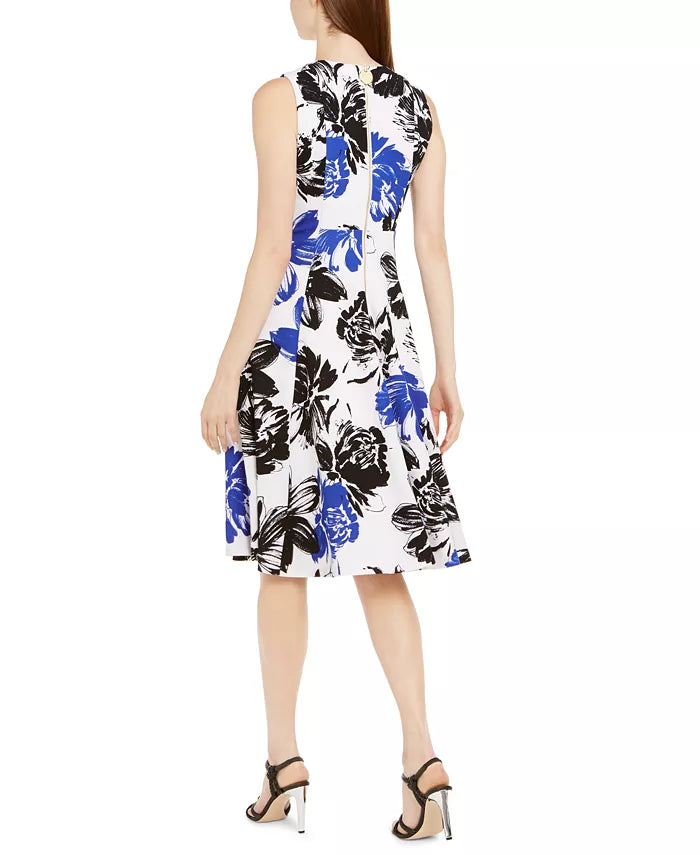 Calvin Klein Women's Big Floral Printed Midi Dress Blue Size 10