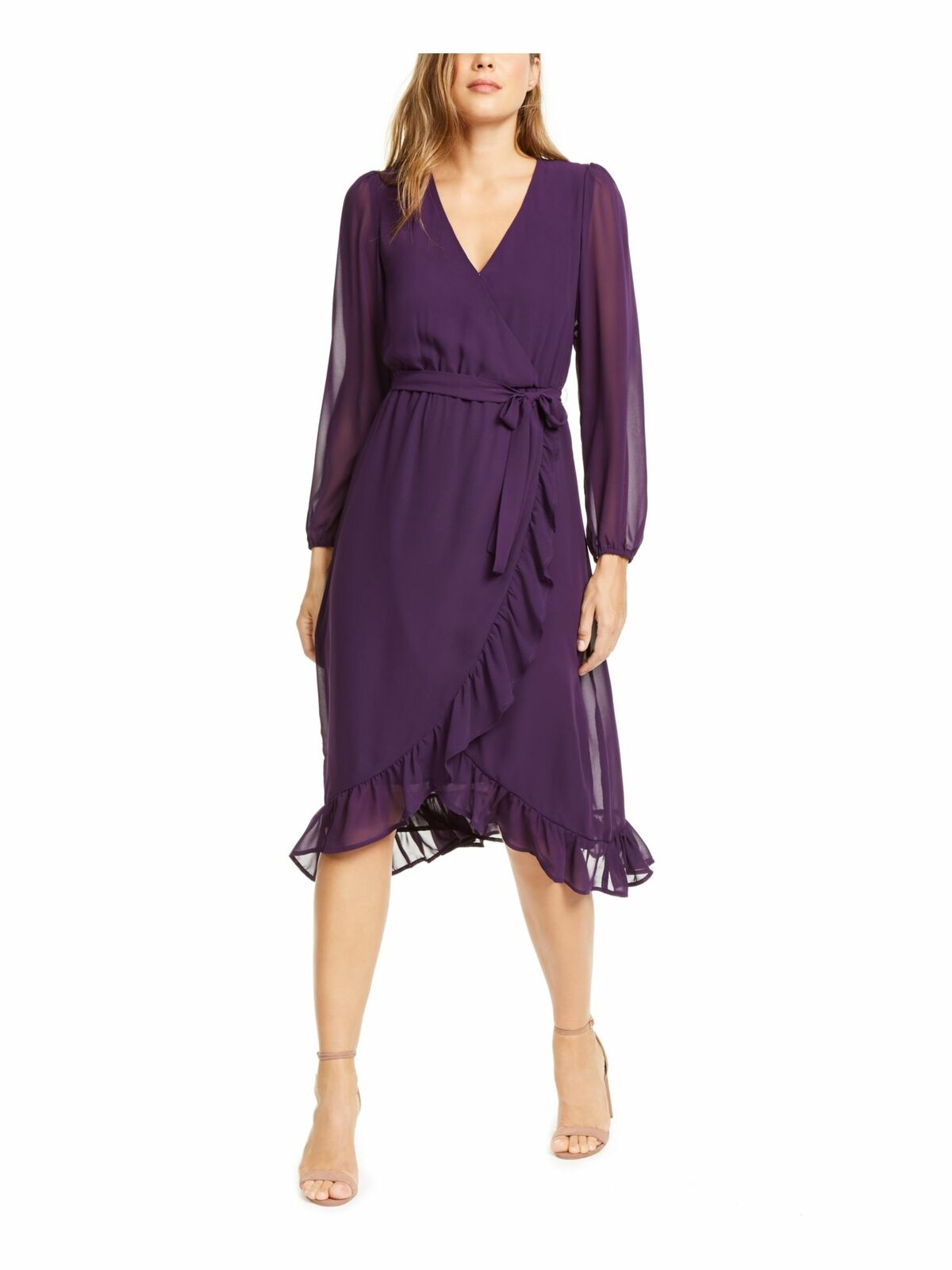 Q+A Los Angeles Women's Balloon Sleeve Chiffon Midi Dress Purple Size Large