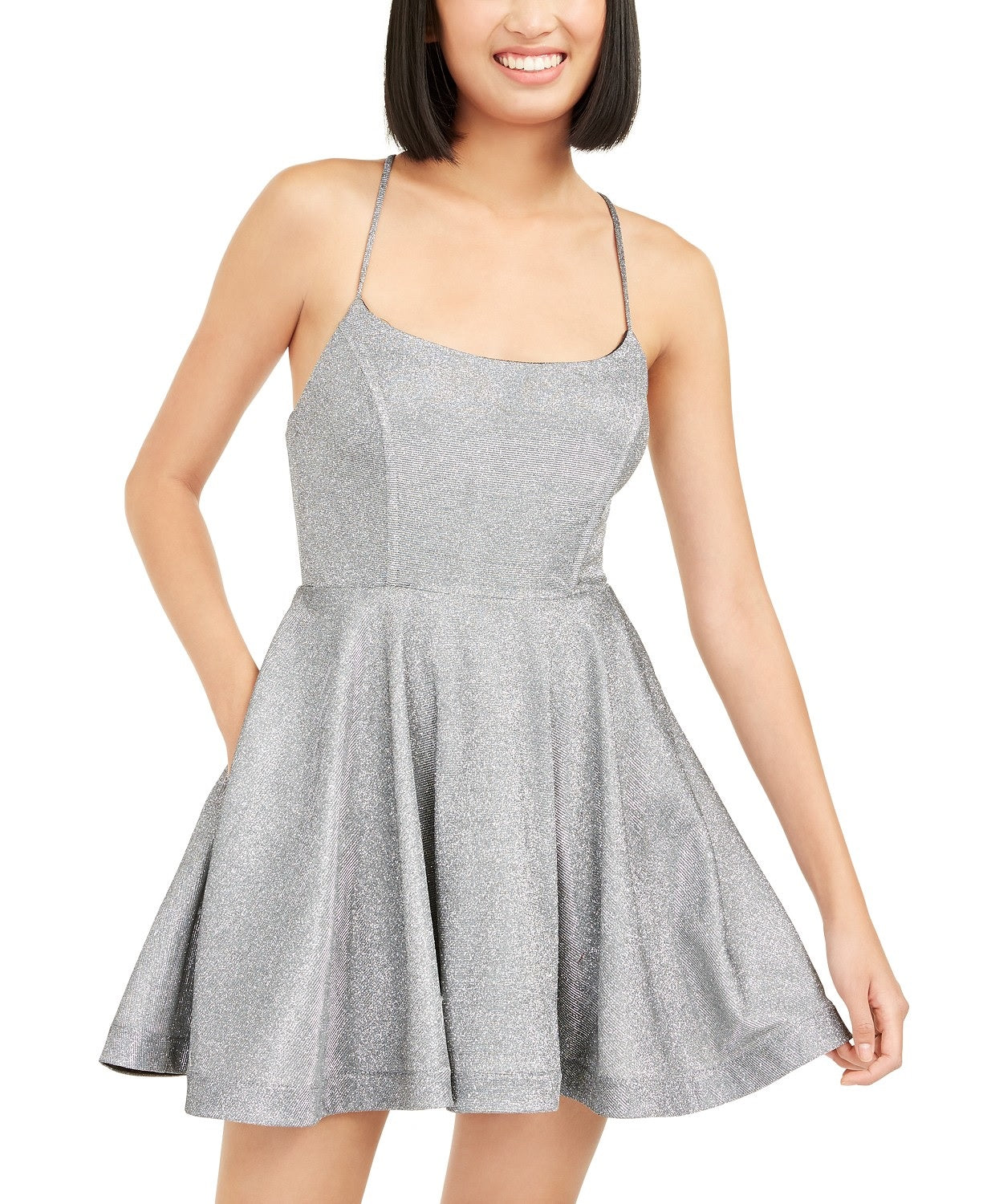 Speechless Juniors' Shimmer Lace-Back Dress Silver Size 1