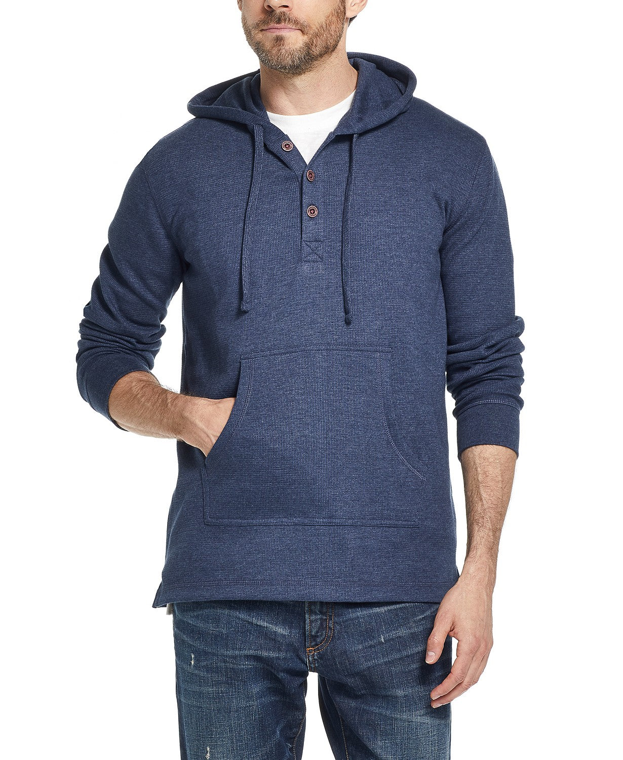 Weatherproof Vintage Men's Textured Henley Hoodie Navy Size Medium