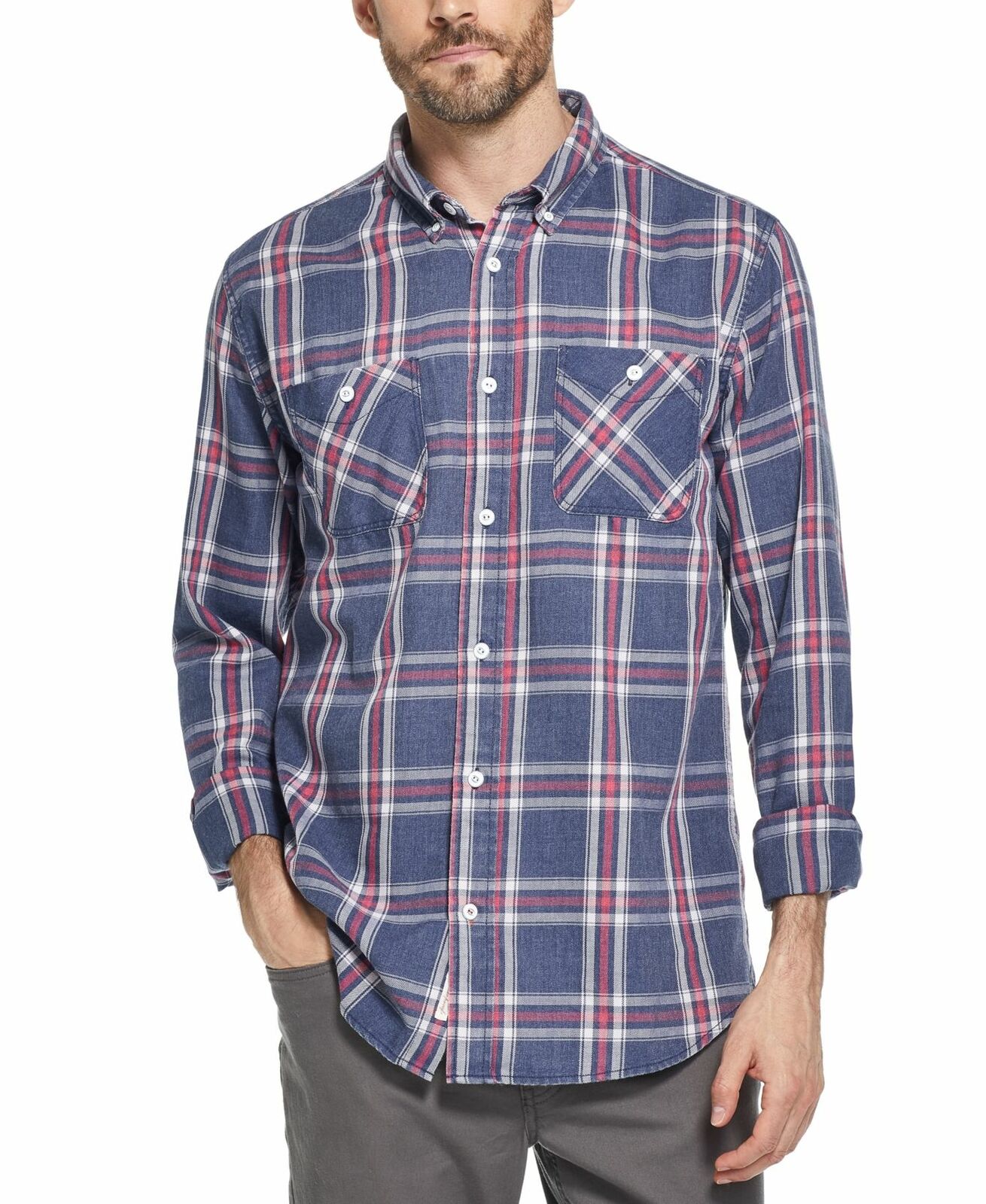 Weatherproof Vintage Men's Button Front Flannel Plaid Navy Size Medium