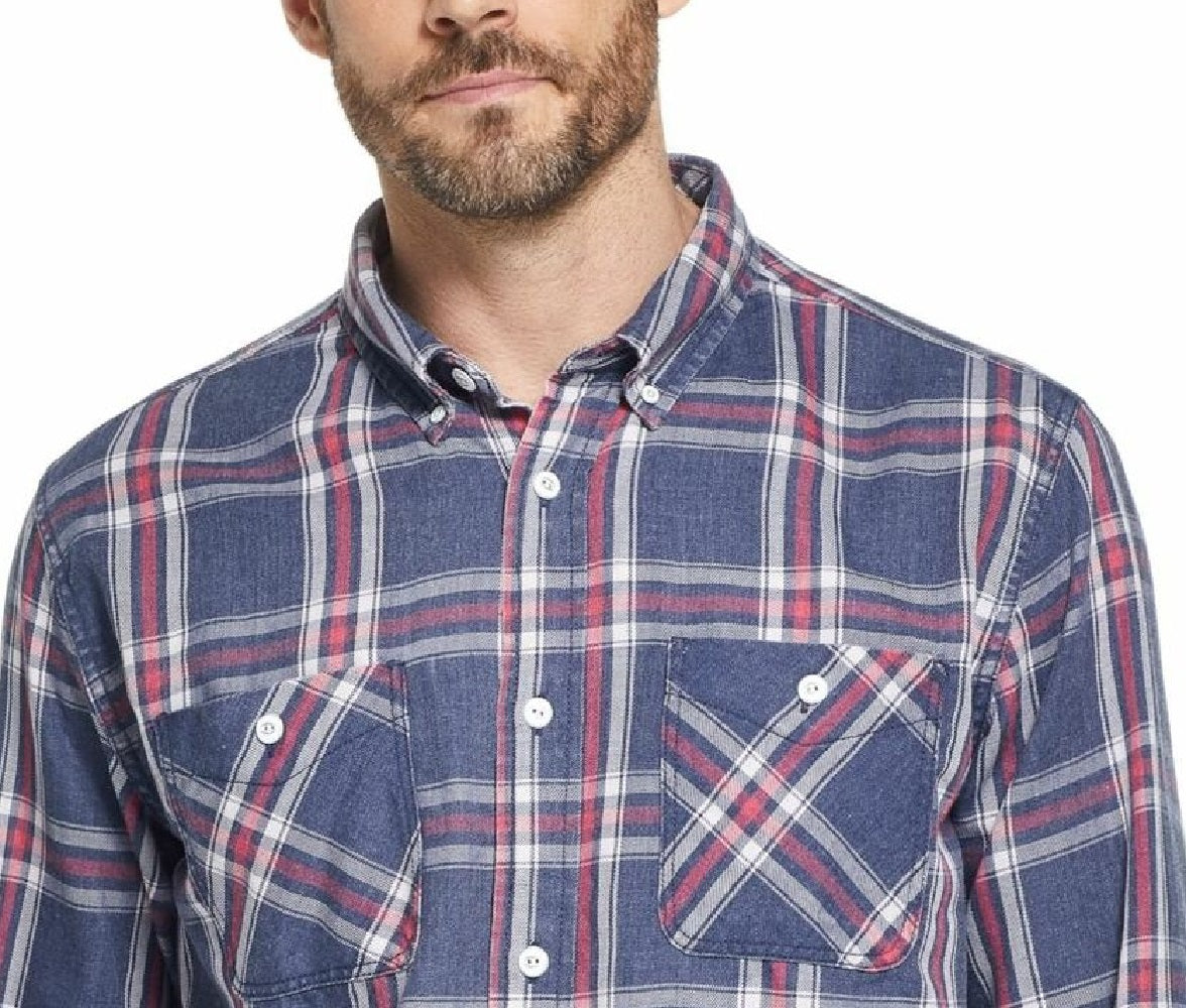 Weatherproof Vintage Men's Button Front Flannel Plaid Navy Size Medium