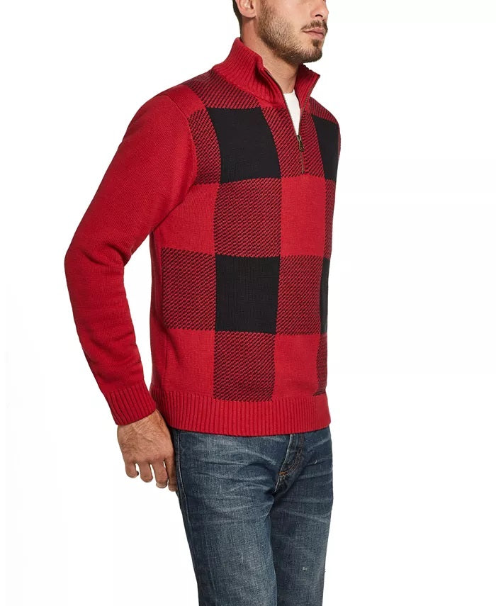 Weatherproof Vintage Men's Quarter-Zip Buffalo Plaid Sweater Red Size Large