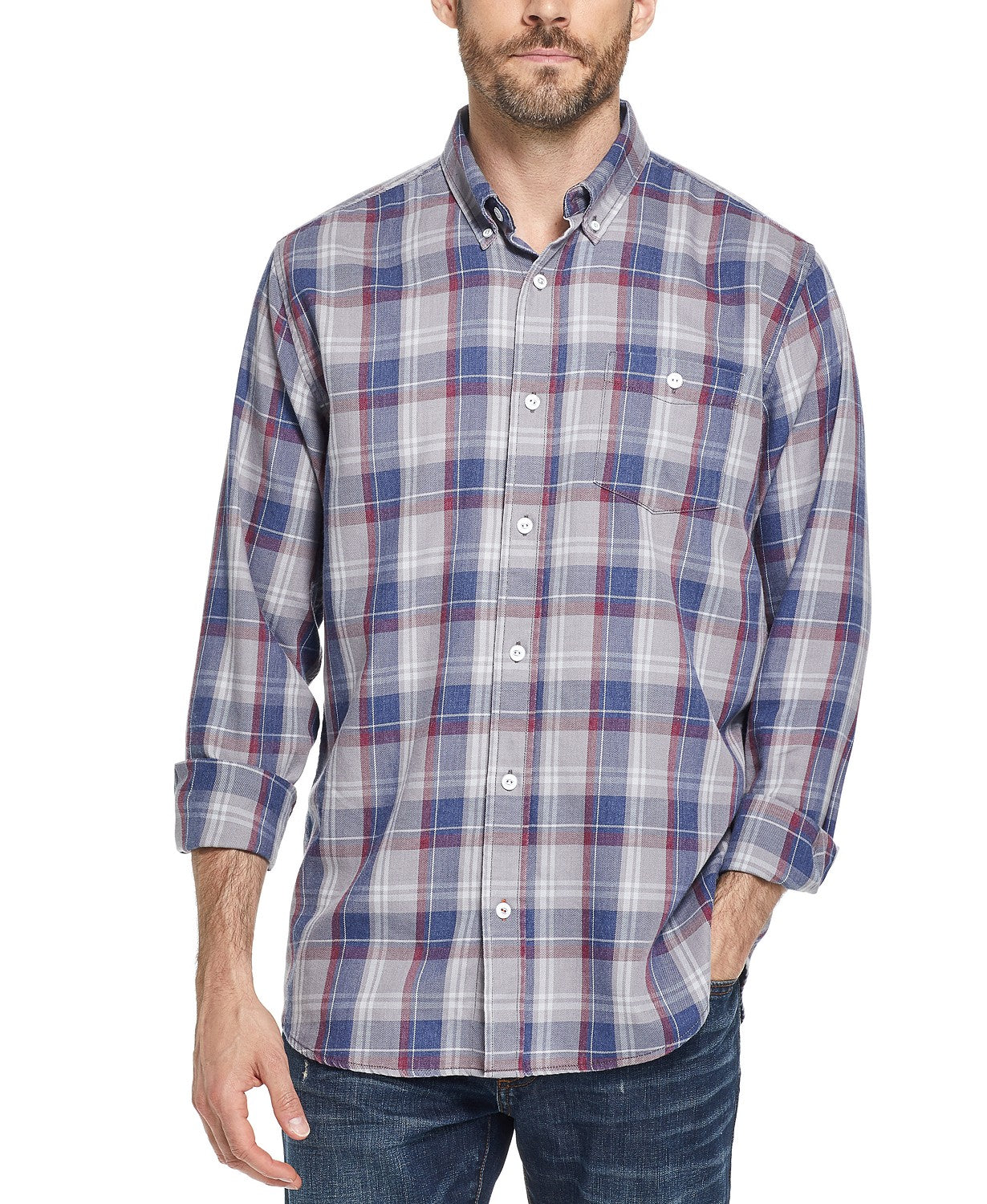 Weatherproof Vintage Men's Button-Down Plaid Shirt Gray Size Medium
