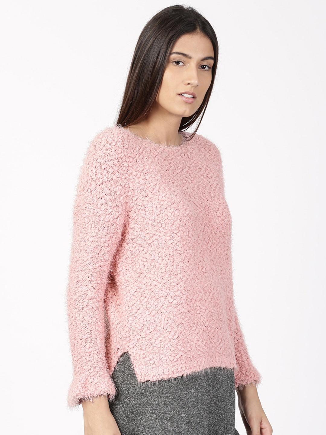 Hippie Rose Juniors' Textured High-Low Sweater Pink Size Medium
