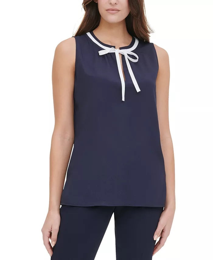 Tommy Hilfiger Women's Contrast-Trim Tie-Neck Blouse Dark Blue Size Small