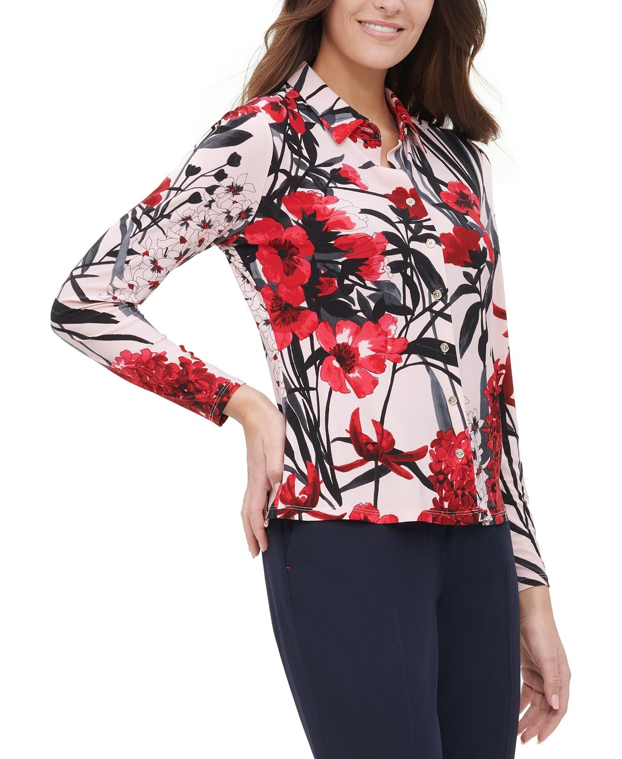 Tommy Hilfiger Women's Floral Button-Up Collared Blouse Pink Size Small