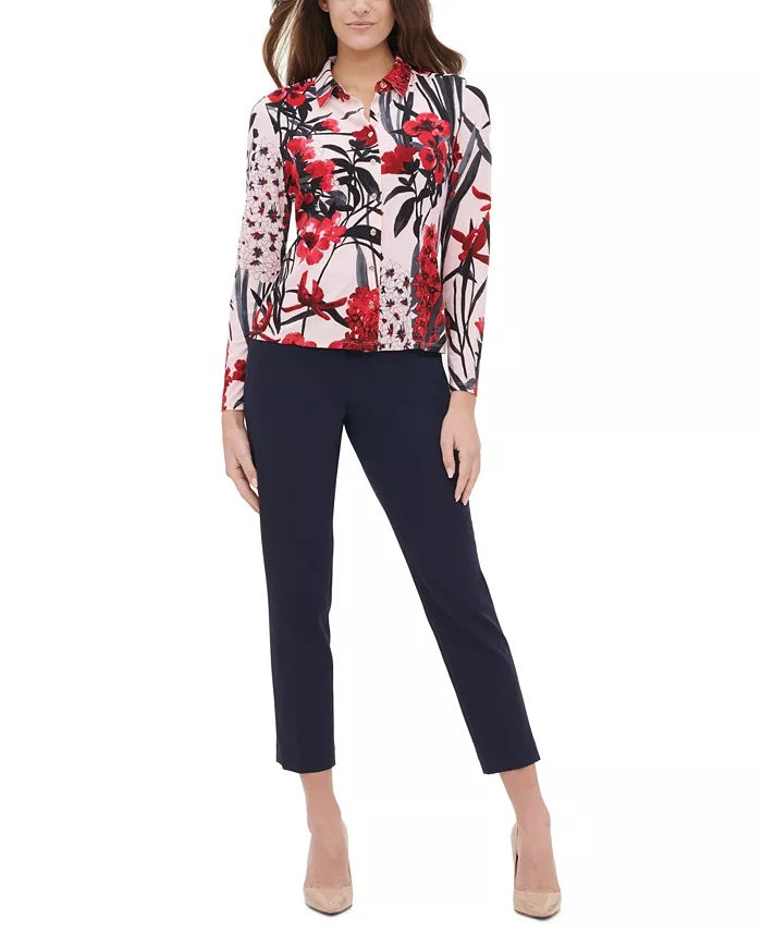 Tommy Hilfiger Women's Floral Button-Up Collared Blouse Pink Size Small
