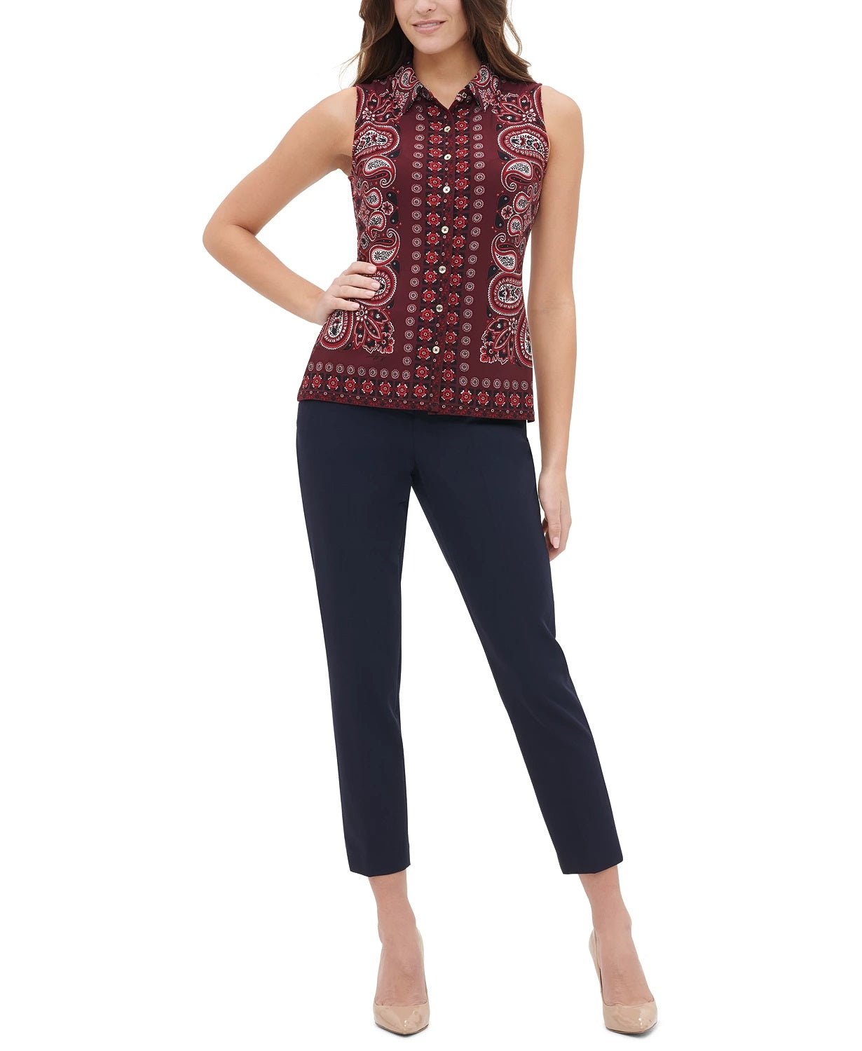 Tommy Hilfiger Women's Paisley Button Up Collared Blouse Red - Size Small