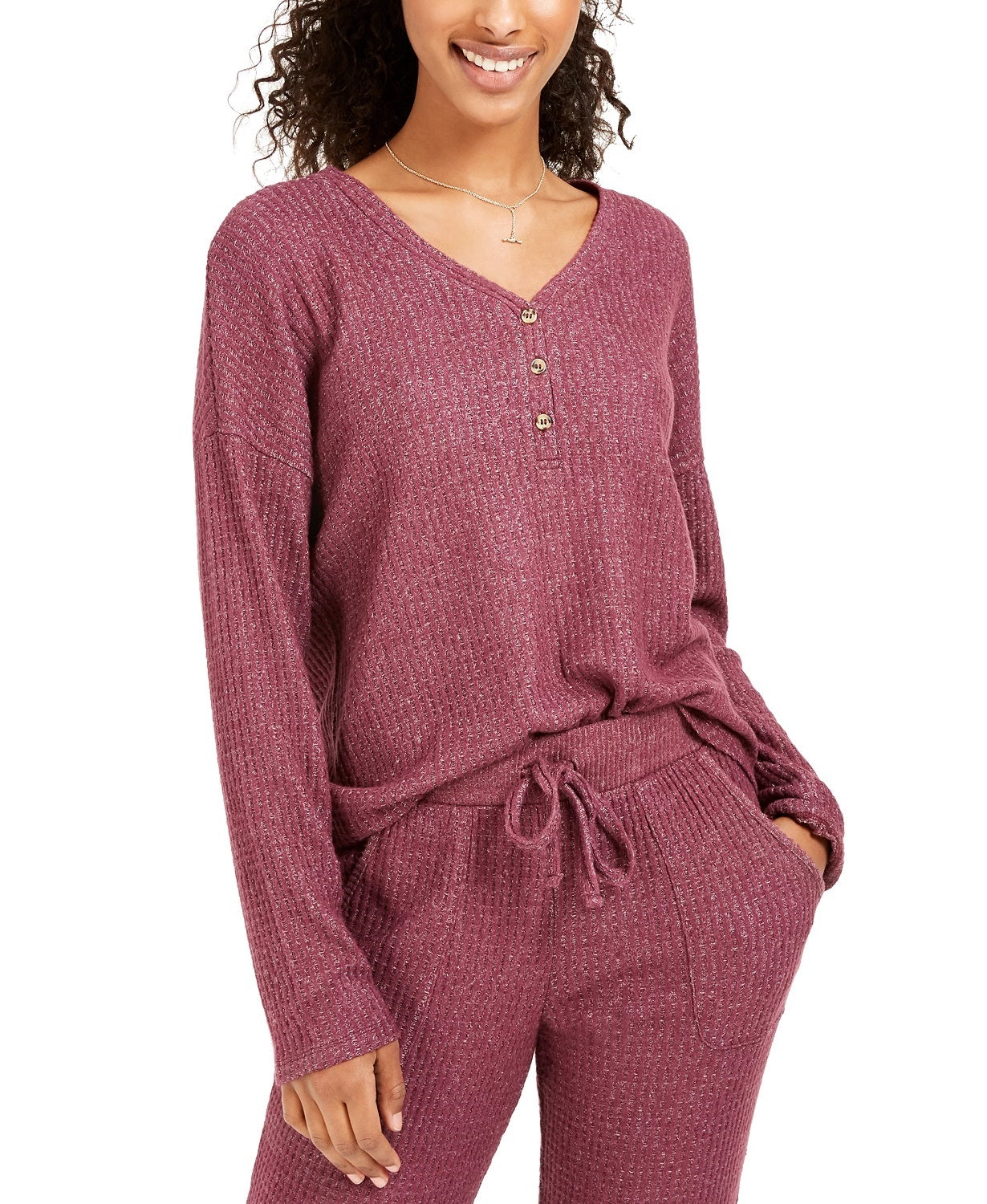 Hippie Rose Juniors' Henley Waffle Knit Top Med Pink Size X-Small