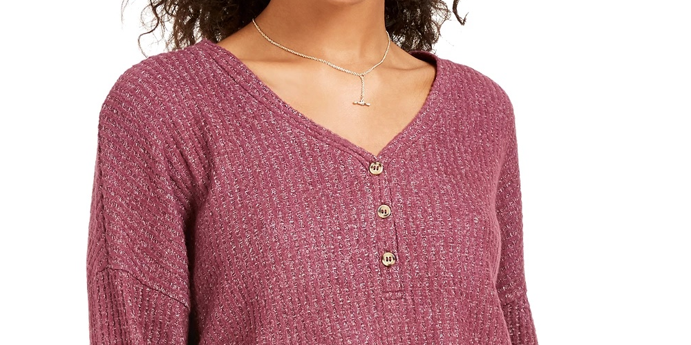 Hippie Rose Juniors' Henley Waffle Knit Top Med Pink Size X-Small
