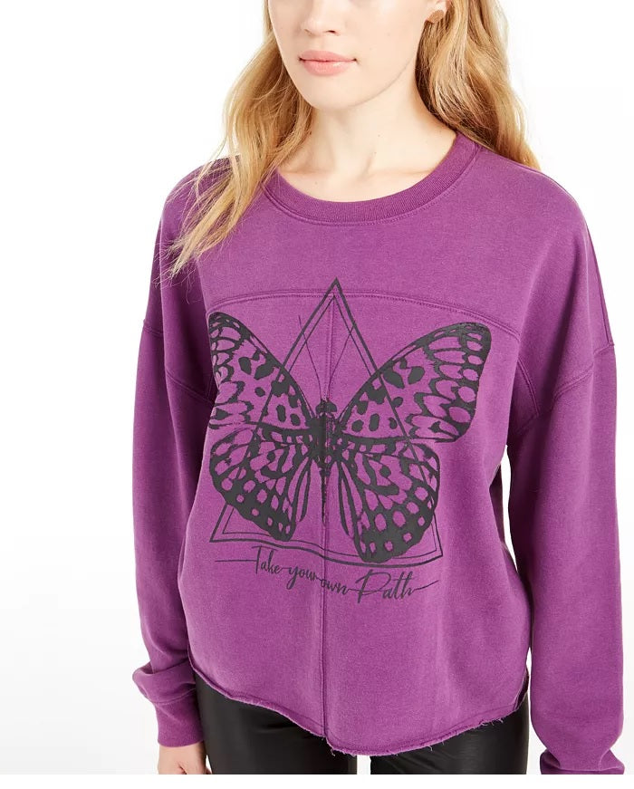 Rebellious One Women's Juniors' Butterfly Graphic Sweatshirt Purple Size Medium