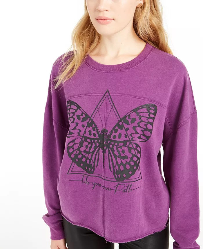 Rebellious One Juniors' Butterfly Graphic Sweatshirt Purple Size Large