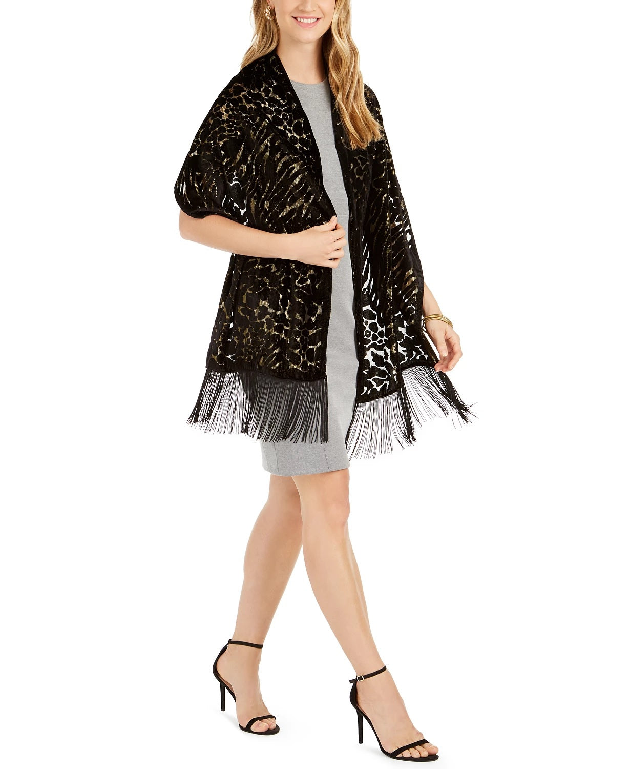 INC International Concepts Women's Animal-Print Shine Velvet Wrap Charcoal Size Regular