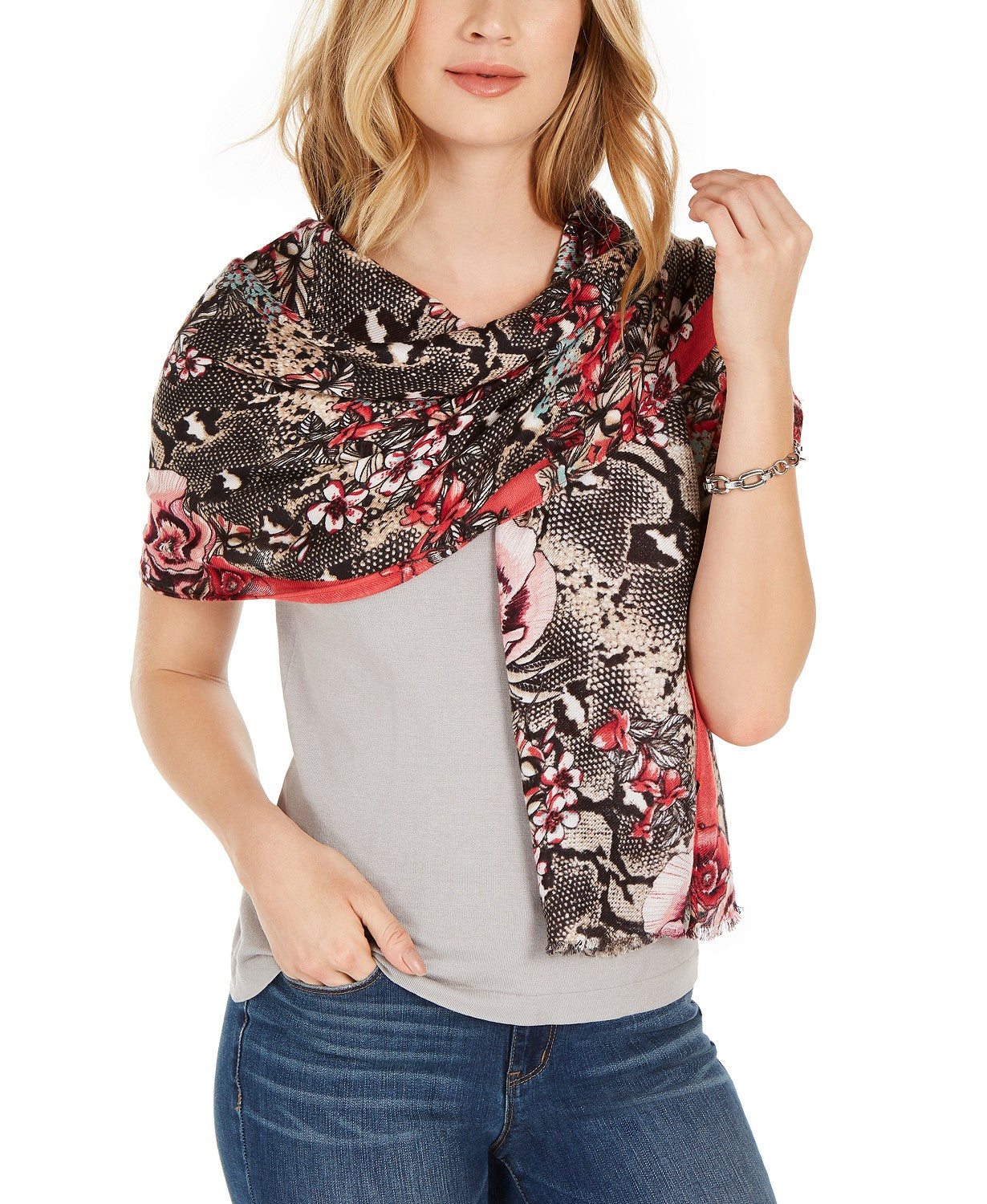 INC International Concepts Women's  Reptilian Garden Pashmina  Gray Size Regular