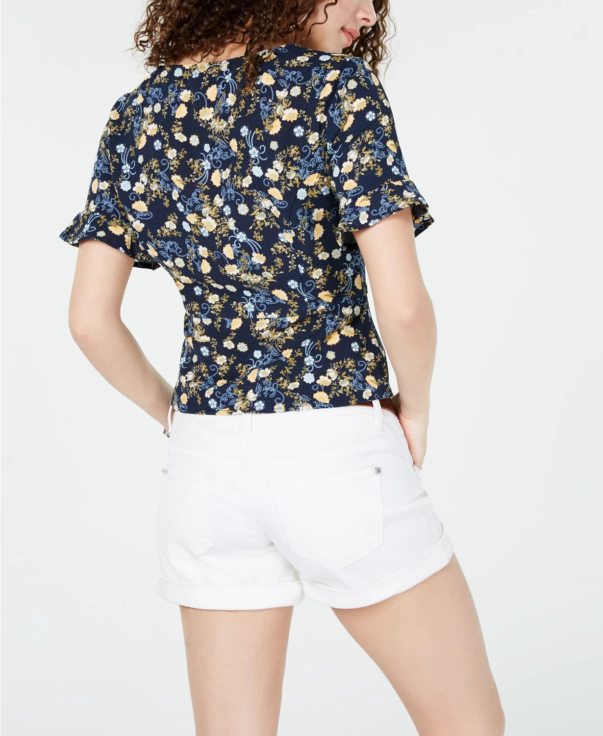 Hooked Up By Iot Juniors' Printed Peplum Blouse Navy Size Large