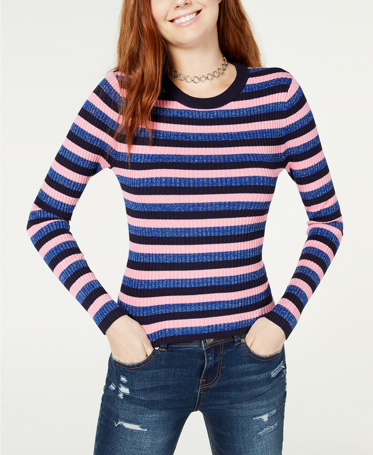 Hooked Up by IOT Juniors' Shine Striped Rib-Knit Sweater Pink Size Small