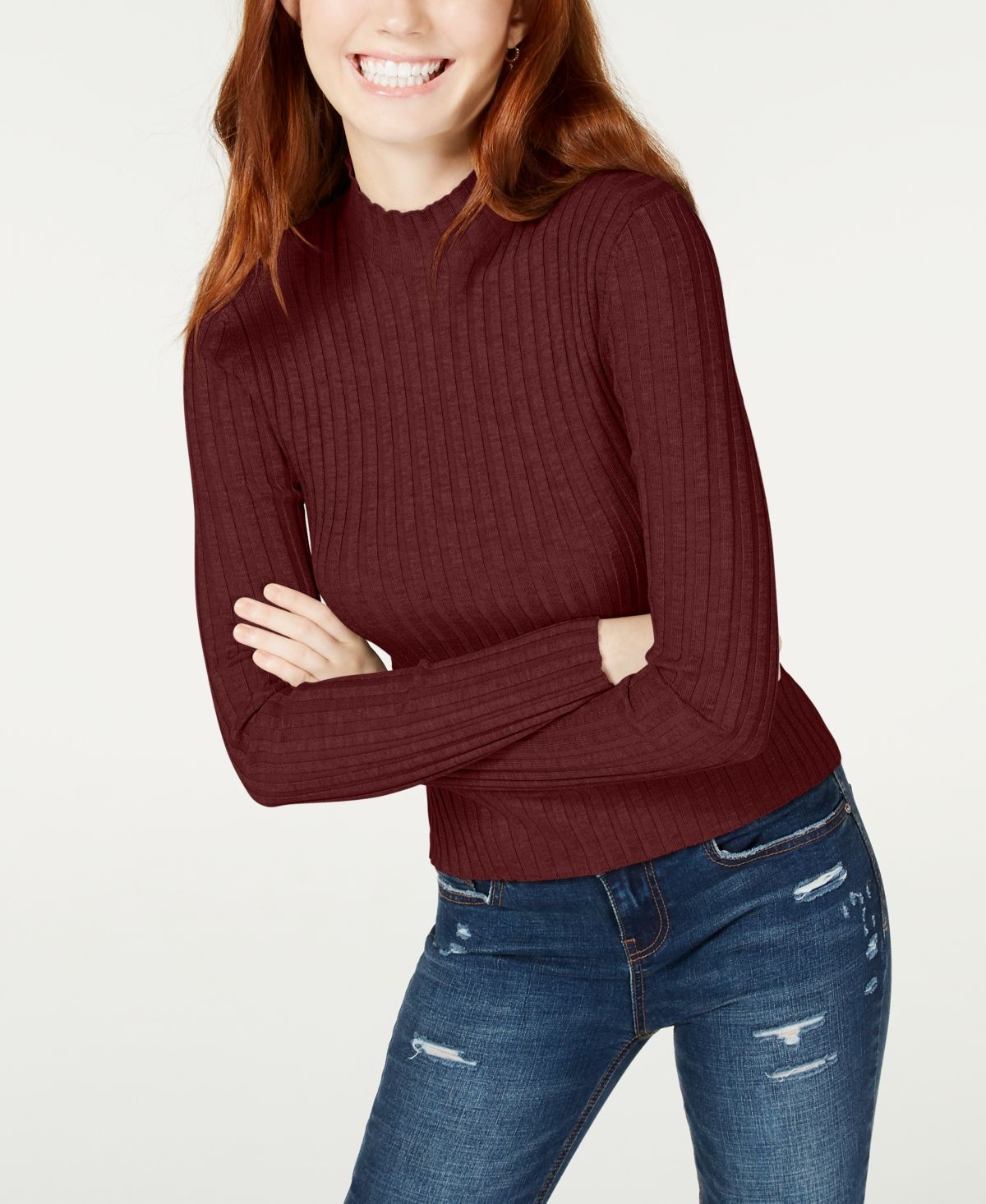 Hooked Up By IOT Juniors' Rib-Knit Mock-Turtleneck Sweater Dark Red Size Extra Large