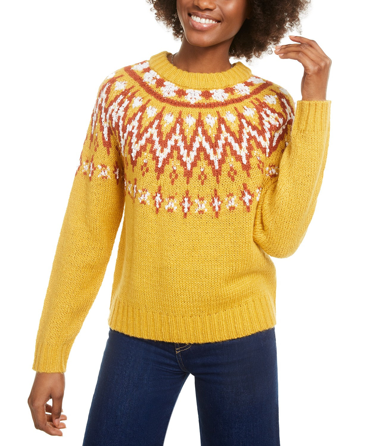 Hooked Up Juniors' Fair Isle Crewneck Sweater Yellow Size Medium