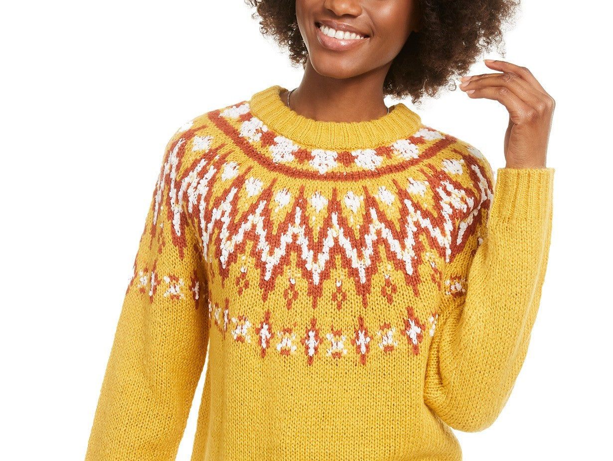 Hooked Up Juniors' Fair Isle Crewneck Sweater Yellow Size Medium