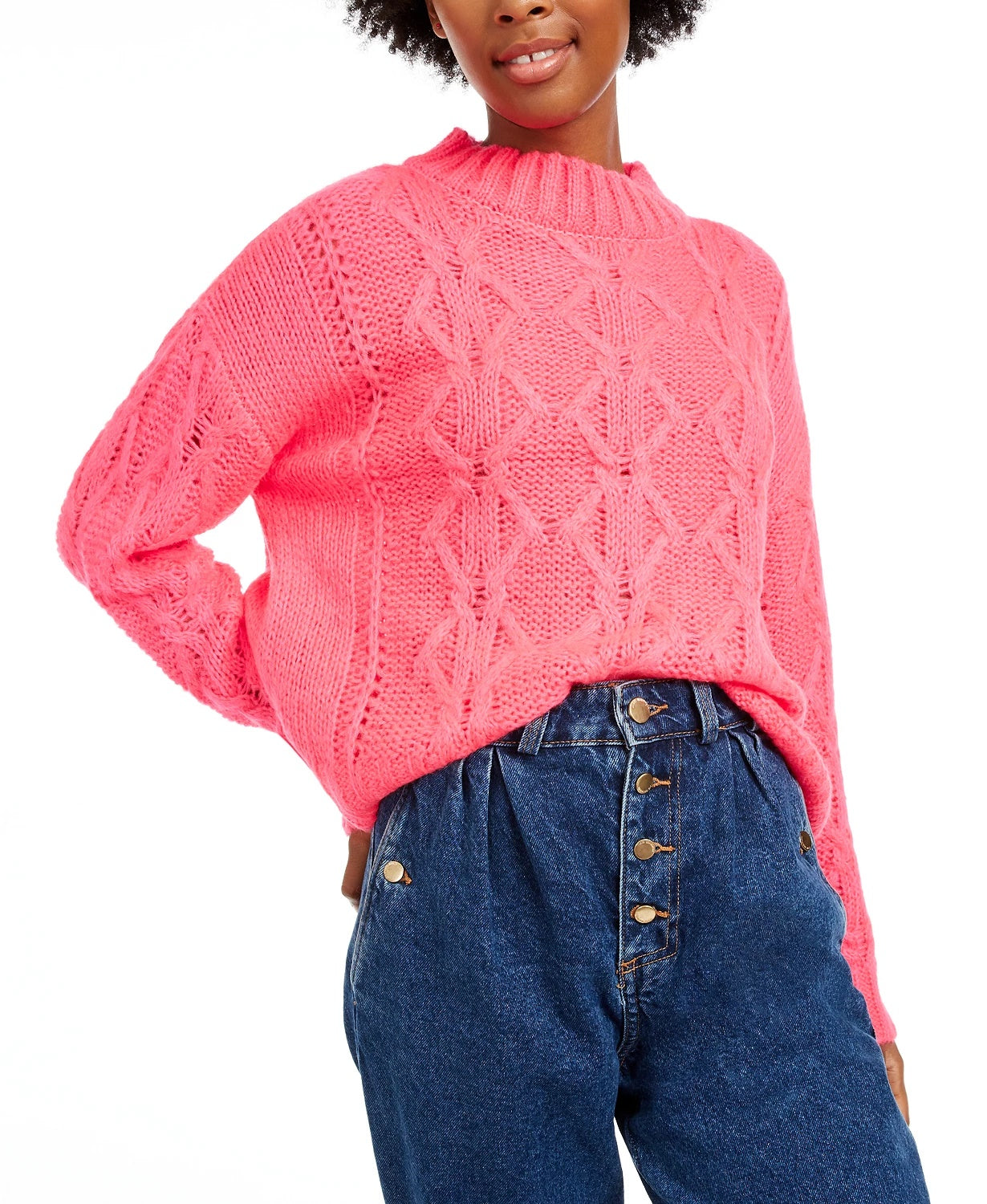 Hooked Up By Iot Junior's Cable Knit Sweater Bright Pink Size X-Small