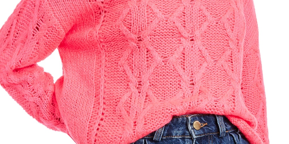 Hooked Up By Iot Junior's Cable Knit Sweater Bright Pink Size X-Small
