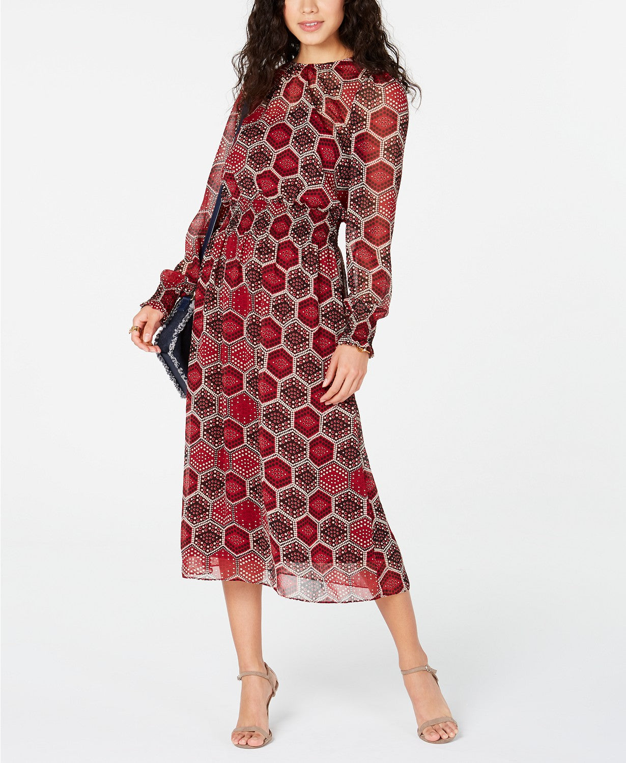 Tommy Hilfiger Women's Long-Sleeve Honeycomb Dress Red Size Large