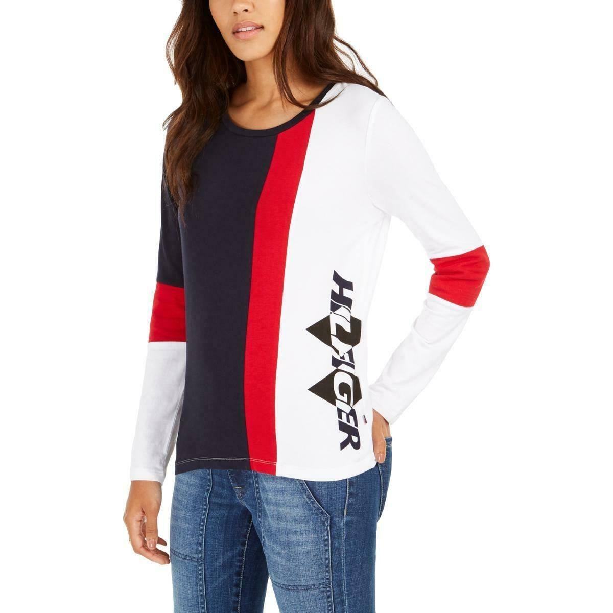Tommy Hilfiger Women's Colorblocked Logo-Print T-Shirt Blue Size X-Small