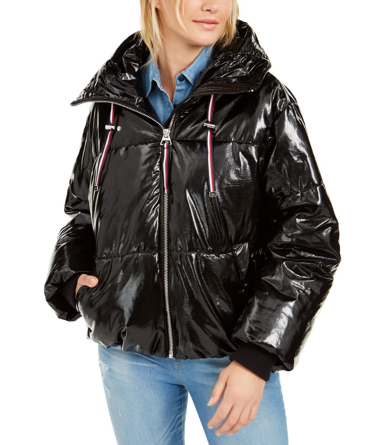 Tommy Hilfiger Women's Shiny Hooded Puffer Coat Black Size Extra Large