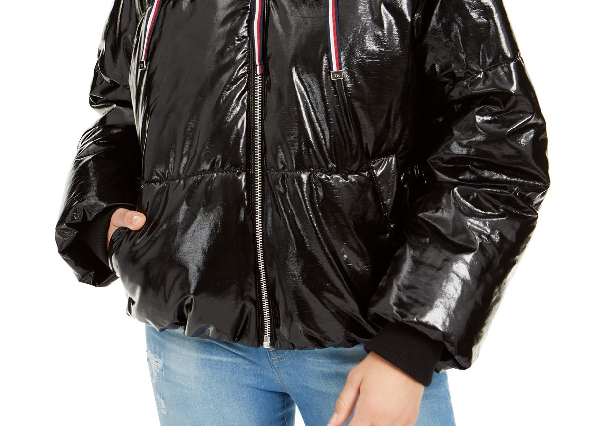Tommy Hilfiger Women's Shiny Hooded Puffer Coat Black Size Extra Large