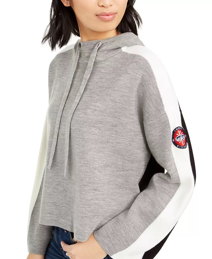 Tommy Hilfiger Women's Wide-Sleeve Cropped Hoodie Gray Size Small