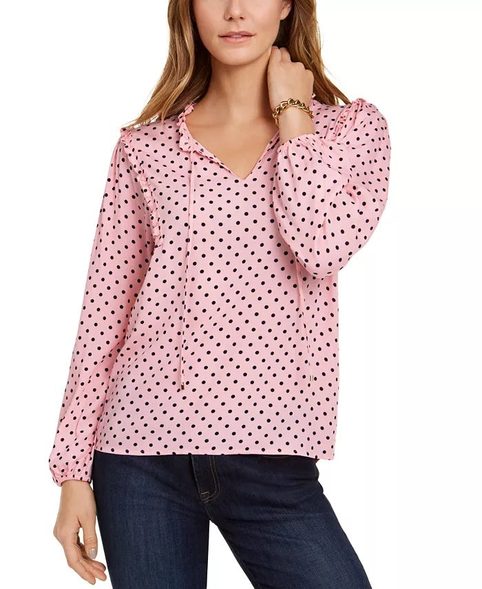 Tommy Hilfiger Women's Printed Ruffled-Neck Blouse Bright Pink Size XX-Large