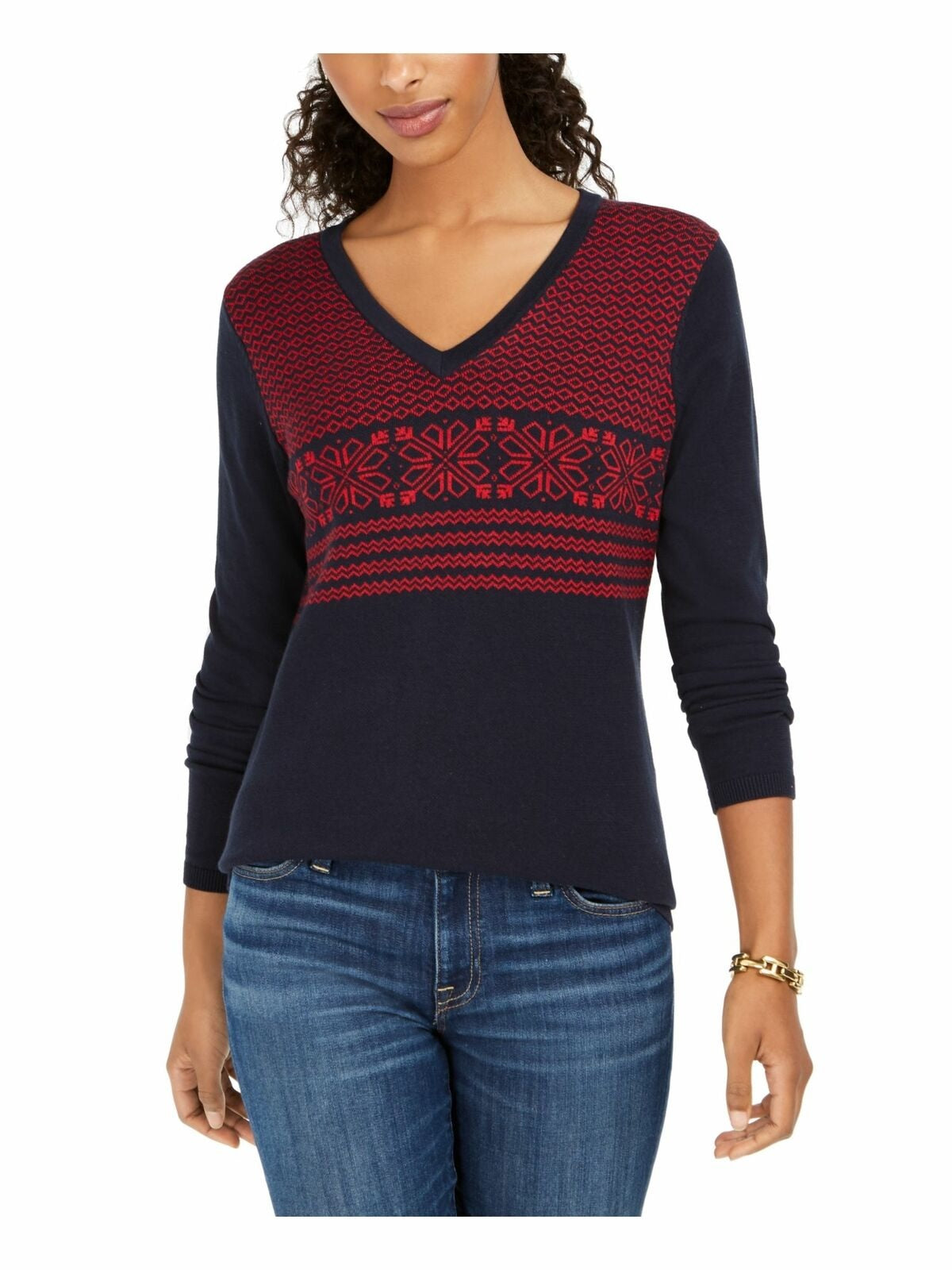 Tommy Hilfiger Women's Fair Isle Ivy Cotton Sweater Blue Size Extra Large