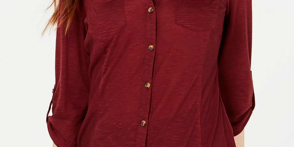 Crave Fame Juniors' Roll-Sleeve Button-Front Shirt Red Size Extra Small