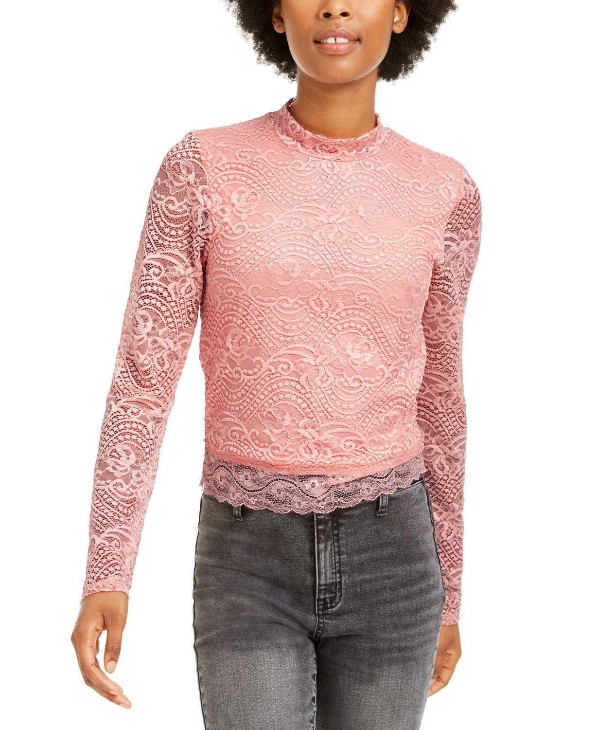 Crave Fame Juniors' Lace Mock-Neck Top Med Pink Size Small