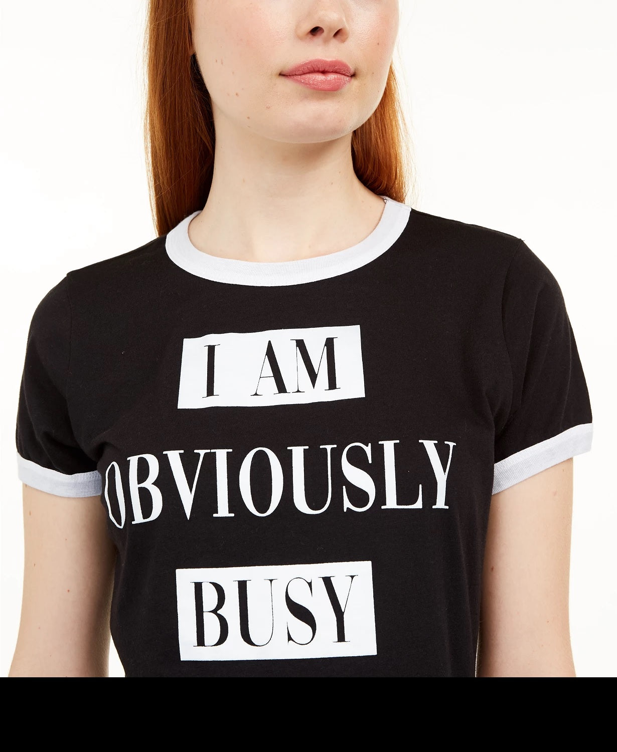 Love Tribe Junior's Obviously Busy Graphic Ringer T-Shirt Black Size Medium