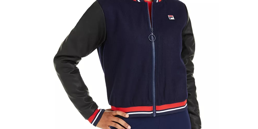 Fila Women's Anais Varsity-Stripe Bomber Jacket Navy Size Extra Small