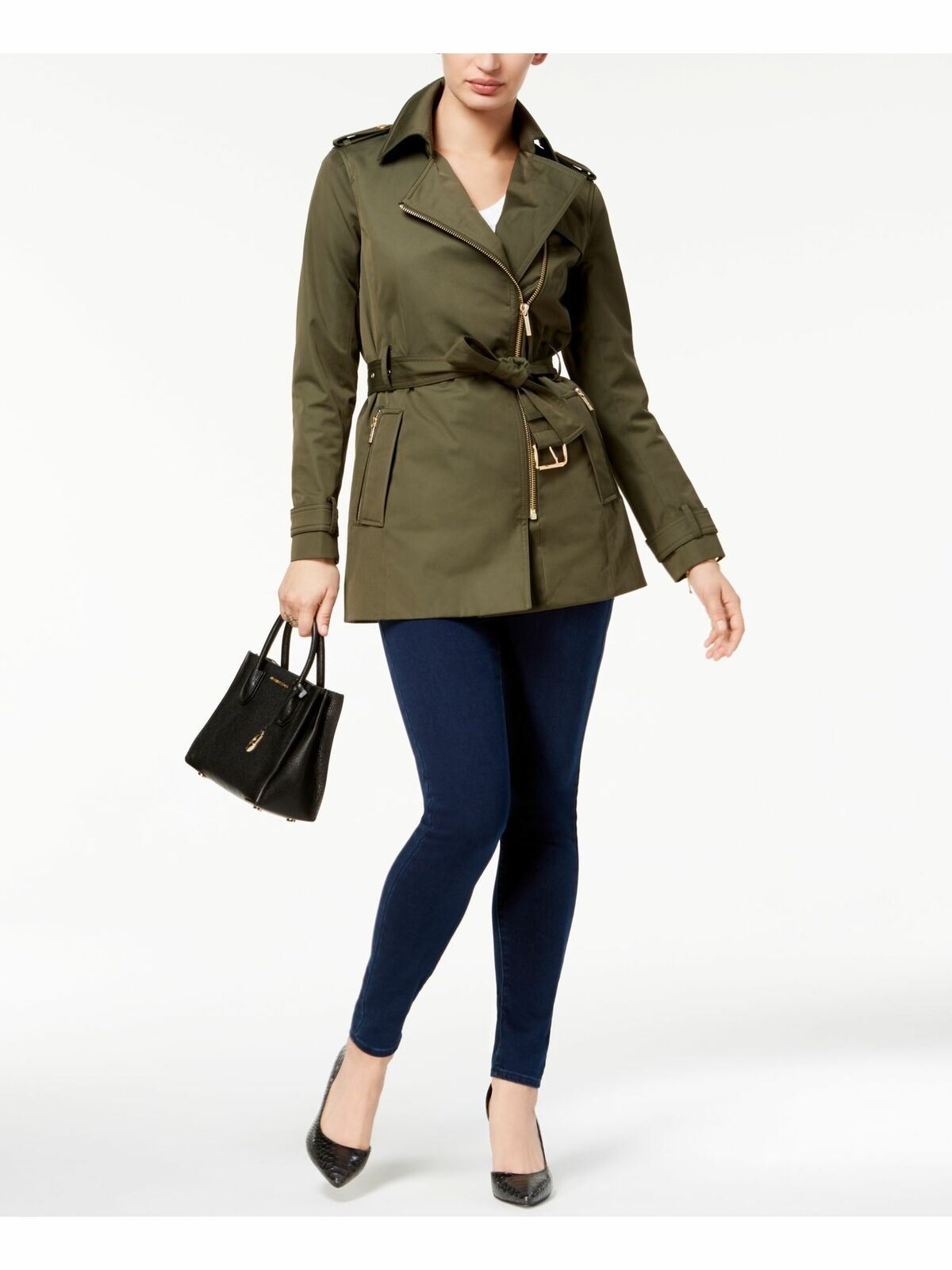Michael Kors Women's Belted Front-Zip Trench Coat Olive Size Medium