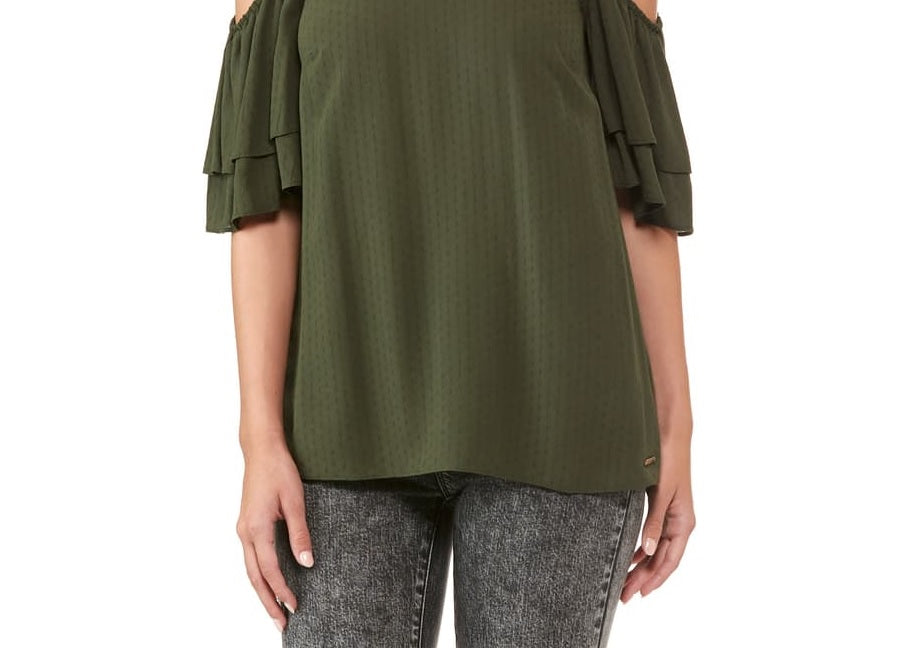 Michael Kors Womens Green Short Sleeve Jewel Neck Top Green Size Medium