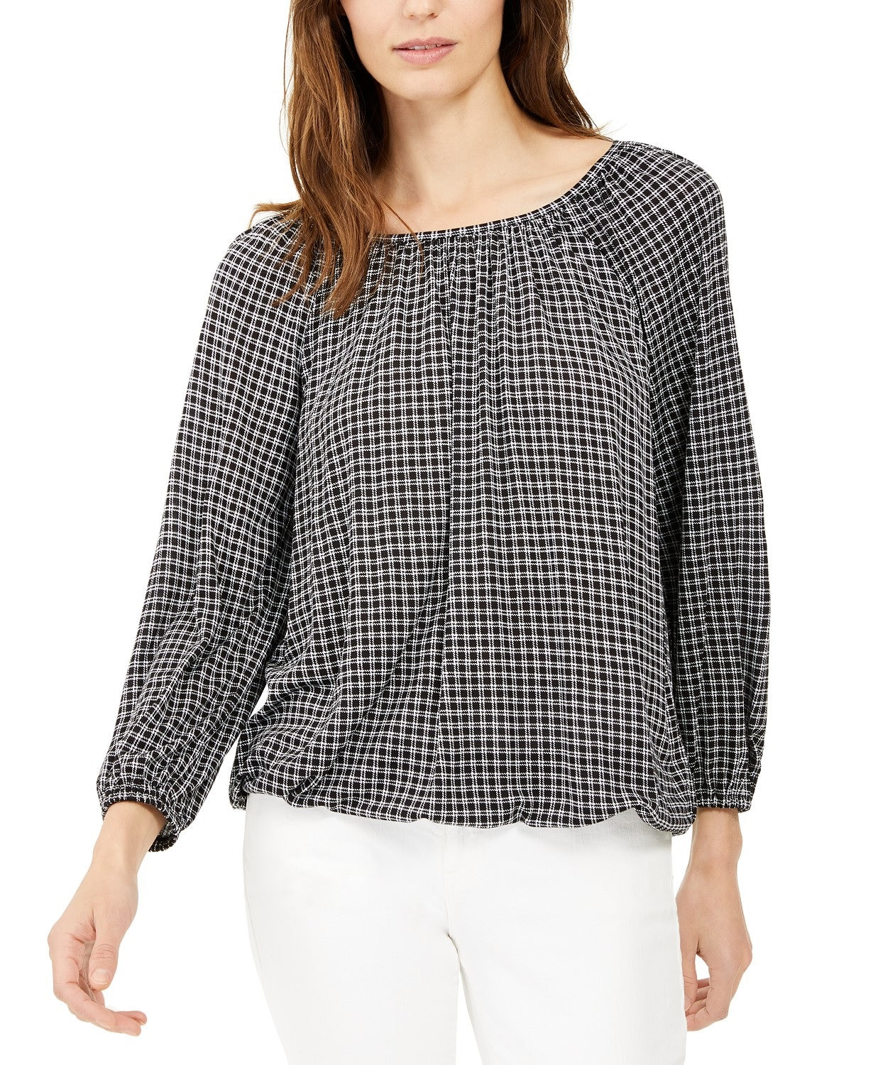 Michael Kors Women's Check-Print Peasant Top Regular & Petite Black Size Large